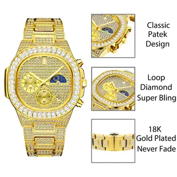 MISSFOX Vyras prabangos Žiūrėti Aukso Ledo Iš Visiškai Diamond Aikštėje Laikrodžius Dvigubo Rinkimo Chronografas atsparus Vandeniui Laikrodžiai Mens 2020 Naujas