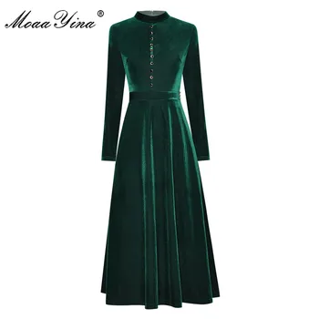 MoaaYina Mados Dizaineris suknelė Rudenį Moterų Suknelė Stovėti apykakle ilgomis rankovėmis Mygtukų Juostelė Aksomo Suknelės