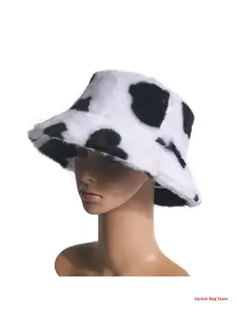Moterys Žiemą Šiltas Pūkuotas Pliušinis Kibiro Kepurę Pieno Karvė Spausdinti Panama Žvejo Kepurė