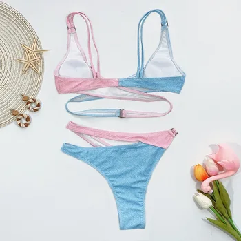 Mėlyna Rožinė Ekstremalių Bikini Aukštos Sumažinti maudymosi Kostiumėliai Moterims, maudymosi kostiumą, Kirsti maudymosi kostiumėlį Moteris Tuščiaviduriai iš biquini 2020 m. Aukštos sumažinti besimaudančių