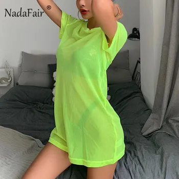 Nadafair Atsitiktinis Marškinėliai Tinklelio Suknelė Moterims Neon Orange Laisvi Vasarą Mini Suknelė 2019 Trumpas Rankovės Tiesiai Paplūdimio Suknelės Moteris