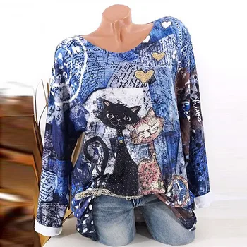 Naujų moteris tshirts Mados O-kaklo lovely Cat Spausdinti Megztinis ilgomis Rankovėmis Laisvi marškinėliai drabužių aukštos kokybės grafikos marškinėlius