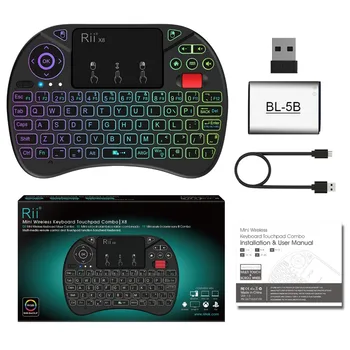Originalus Rii X8 2.4 GHz Mini anglų Belaidė Klaviatūra su Touchpad, keičiami spalvos LED Apšvietimu, Li-ion Baterija TV