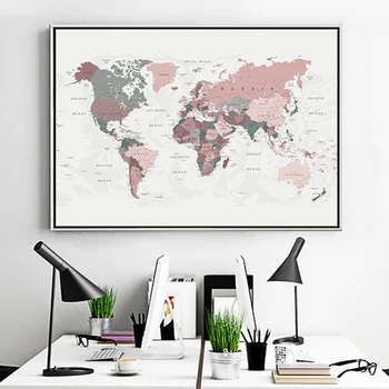 Pasaulio Žemėlapyje Drobė Spausdinti Blush Pink & Hunter Green Pasaulio Žemėlapis Plakatas Bendrabučio Dekoro Modernios Sienos Paveikslų Tapyba Apdaila