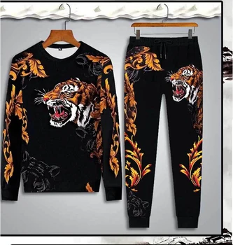 Pavasario, Rudens vyriška Bėgimas ilgomis rankovėmis t-shirt nustatyti Vyrų Tracksuit Viršūnės ir Kelnės Dviejų dalių Prakaito Kostiumai Dragon tiger spausdinimo Rinkinys
