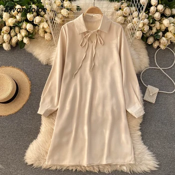 Pavasarį, Rudenį ilgomis Rankovėmis Marškinėliai Suknelė Moterims Turn-žemyn Apykaklės Tvarstis Suknelės 2021 vientisos Spalvos Mini Suknelė