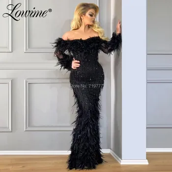 Plunksnos Juodos Undinė Moterų Oficialų Suknelė 2020 Couture Valtis Kaklo Turkų, Arabų Ponios Šalis, Chalatai Dubajus Vakaro Suknelės
