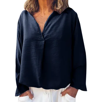 Ponia drabužių OWLPRINCESS 2020 m. Rudenį ilgomis Rankovėmis V-kaklo, Atsitiktinis Palaidų Viršuje vientisos Spalvos marškinėliai