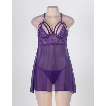 Prabangus violetinis backless gėlių naktiniai drabužiai moterims vasaros strappy didelio dydžio pižamą-seksualus RW80300 moterys T-atgal nėrinių miego suknelė