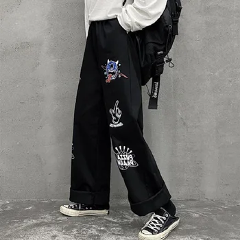 QWEEK Harajuku Derliaus Pločio Kojų Kelnės Moterims Hipių Streetwear Grafiti Animacinių filmų korėjos Stilius Laisvas Kelnes Mados Atsitiktinis Kelnės