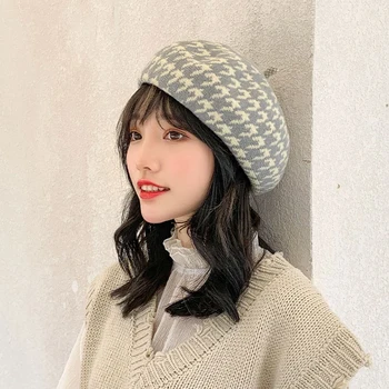 Rudenį, žiemą moterys vilnonių beretė houndstooth vilnos Dailininko Aštuoniakampis Plaid hat Britų priežastinis Universalus meno skrybėlę, korėjiečių ir Japonų