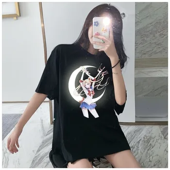 Sailor Moon Spausdinti Atspindintis Vasaros marškinėliai Moterims korėjos Atsitiktinis O-Kaklo trumpomis Rankovėmis Tee Marškinėliai Prarasti Harajuku Plius Dydis Viršūnės