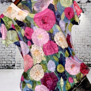 Saldainiai spalvos gėlių spausdinti marškinėliai moterims 4XL 2020 metų vasaros trumpos rankovės grafinis tees slim modis marškinėlius, o-kaklo viršūnes tee marškinėliai femme
