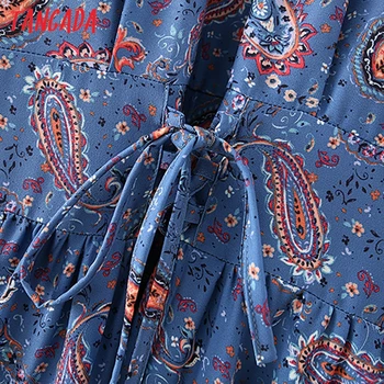 Tangada Pavasario Mados Moterų Mėlynos Gėlės Spausdinti Raukiniai Suknelė Vintage Office Ponios Juosmens Nėrinių Suknelė Su Užtrauktuku 5X07