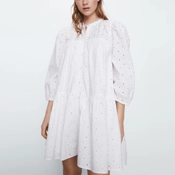 TEELYNN sluoksniuotos rankovėmis balti medvilniniai nėriniai mini suknelės moterims 2020 gėlių emboidery prarasti vasaros suknelė boho atsitiktinis šalies vestidos