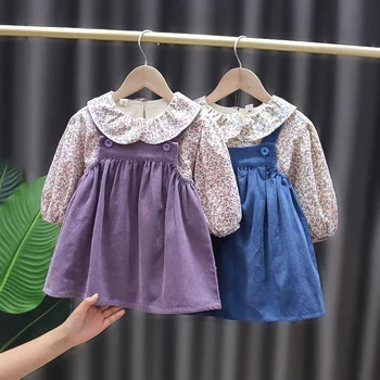 Vaikams, kūdikių mergaitės rudenį visą rankovėmis viršūnes gėlių Peter Pan apykaklės, palaidinės, marškinėliai kieto dirželis suknelė bamblys drabužių rinkiniai 2vnt 1-5Y