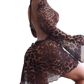Vakarėlis Seksualus Leopard Backless Žr.-Per Clubwear Moterų Stilingas Sudegintasis Rankovėmis Ir Nėrinių Bodycon Mini Gatvės Suknelės Naujos 2021