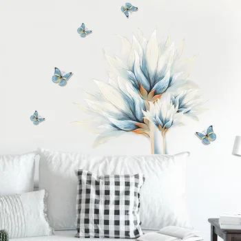 Vandens spalva mėlynas drugelis, gėlė Sienos lipdukas, Gyvenamasis kambarys sofos fone namų puošybai freskos miegamojo tapetai PVC lipdukai