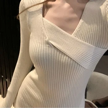 Vientisas Moteris Slim Padalinta Megztinis Suknelė Korėjos Ilgomis Rankovėmis V-Kaklo, Megzti Suknelės 2020 M. Rudens Žiemos Megztinis Knitt Lady Suknelė