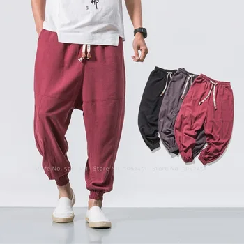 Vyrų Mados Streetwear Tradicinis Kinų Kung Fu Haremo Kelnės Plačios Kojos Pražysti Japonų Stiliaus Atsitiktinis Kelnės Sporto Dugnas