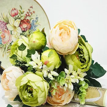 Šilko Europos retro bijūnas 12 vadovai aliejaus tapybai gėlių pumpurų rožės namų vestuvių fotografija vazos dekoro dirbtinės gėlės