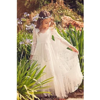 2019 Balta Nėrinių Princesė Komunijos Suknelės Mergaitėms Vien ilgomis Rankovėmis Boho Gėlių Mergaitės Suknelė Vestuvių Paplūdimio Inscenizacija Suknelė