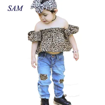 2019 ins karšto pardavimo mergaičių mados drabužių rinkiniai Leopard raglan rankovėmis viršūnes + skylę džinsai rinkiniai vaikams ' a medvilnės tendencija drabužiai