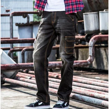 2019 Naujas tiesūs džinsai, vyriški ilgio džinsai lauko atsitiktinis darbo drabužiai vyrams Krovinių Kelnės Juoda Mėlyna Plius dydis 28-46 48