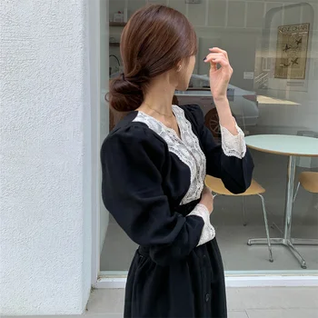 2020 M. Naujo Dizaino Juoda Vintage Suknelės Moterims Korėja Stiliaus Tempearment Lady V Kaklo Kratinys Balta Nėrinių Tuščiaviduriai Iš Šalies Suknelė 1223
