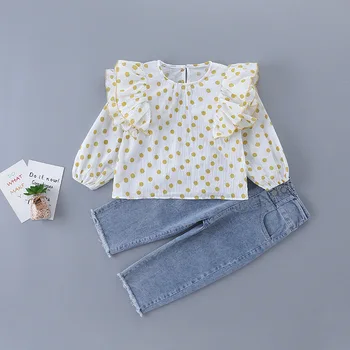 2020 m. Pavasarį Naujas Modelis Mergaičių Mados Punktyras Marškinėliai + Aukšto Juosmens Džinsus, Vaikų Drabužiai Kostiumas