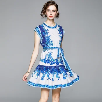 2020 metų Vasaros Moterų trumpomis Rankovėmis Mėlynas Dizainas kilimo ir tūpimo Tako Vintage Suknelė Varčias Apdailai 