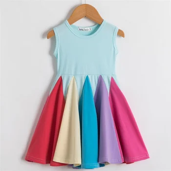 2020 Nauja Merginų Vasaros Suknelė Vaivorykštės Spalvų Bloko Klostyti Suknelė Mergaitėms Rankovių Paplūdimio Suknelė Vaikai Spalvinga Sundress Dėvėti