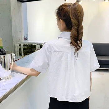 2020 Naujas Kišeninis Moterų Topai Marškinėliai Trumpas Prarasti Korėjos Camis Vieną Krūtinėmis Trumpas Rankovės Mados Laišką Atsitiktinis Marškinėliai