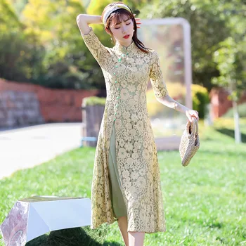 2020 Tradicinis Vietnamo Aodai Kinų Suknelė Qipao Moterų Nėriniai Išsiuvinėti Cheongsam Tunika Stiliaus Kostiumas Gėlių Aodai Qipao