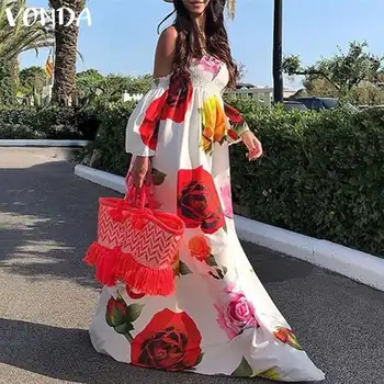 2021 VONDA Bohemijos Vestidos Moterų Vasaros Suknelė Beach Sexy Off Peties Gėlių Spausdinti Maxi Ilgio Suknelės Atostogų Plius Dydis 5XL