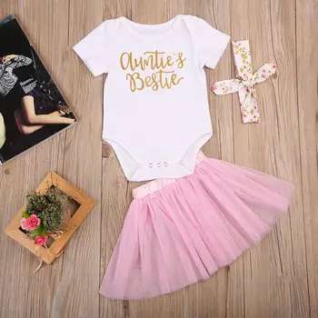 3 gabalus Trumpas Rankovės Marškinėliai Akių Sijonas ir Lankelis Nustatyti Baby Girl Vasaros Drabužių teta Laišką Spausdinti