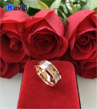 8MM Rose Gold Pavarų Žiedas Vyrai Moterų Volframo Vestuvių Juostoje Žiedas Su Rožių Aukso Pavarų varantys Juodos spalvos Anglies Pluošto Apdaila