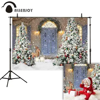 Allenjoy Vaiko Nuotrauka Fone Naujųjų Metų Žiemą Kieme Sniego Elnių Medienos Durys Fotografijos Backdrops Kalėdų Eglutė Photocall