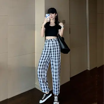 Atsitiktinis Kelnės Moterims Pledas Vasaros Prarasti Haremo Kelnės Streetwear Studentų Derliaus Korėjos Retro Stiliaus Moteriški Elegantiškos Mados Laisvalaikio