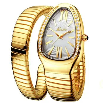 Aukso moterų kvarciniai laikrodžiai, nerūdijančio plieno, ketaus tinklelio diržo žiūrėti patvarus laikrodis gyvatė kalnų krištolas kristalų laikrodis
