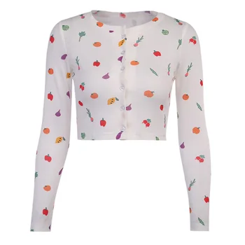 Beyouare mielas vyšnių spausdinti marškinėliai ilgomis rankovėmis mygtuką, susagstomi megztiniai pavasario apkarpyti viršūnes moterų 2020 m. elegantiškas atsitiktinis minkštos medvilnės tee viršų
