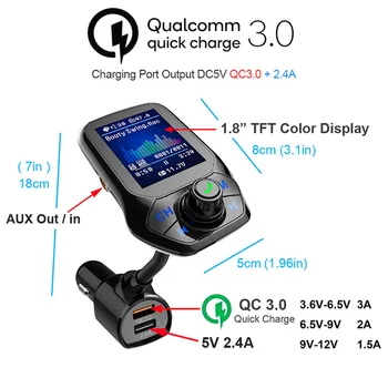 Bluetooth 5.0 FM Siųstuvas Automobilių AUX, USB, MP3 Grotuvas, Bevielis Automobilinio Rinkinio Su QC3.0 Greitai Įkrauti 3 USB Automobilinis Įkroviklis