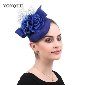 Derliaus Imitacija Sinamay Nuotakos Fascinator Royal Blue Kepurės Su Gėlių Galvos Apdangalai, Plaukų Clips Proga Vestuves Priedai