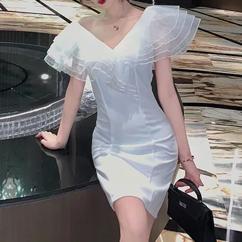 Dressv Falbala Kokteilių Suknelės Moterims 2020 Balta Pynimas Akių Kratinys Elegantiškas, Seksualus V-Kaklo, Mini Saldus Kokteilis Suknelė