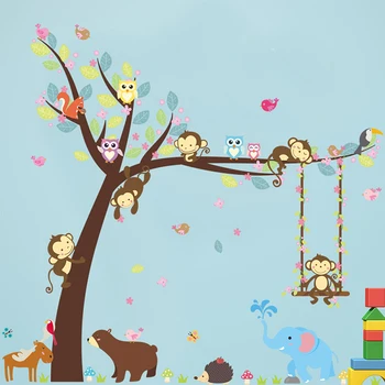 Džiunglių Miško Mielas Gyvūnų, Dramblys, Beždžionė Medis sienų lipdukai vaikams, Vaikų kambario Sienos Lipdukas Darželio Miegamojo Sienų Dekoras
