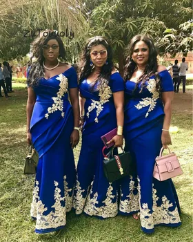 Elegantiškas Nigerija Undinė Vakare Chalatai Su Trumpomis Rankovėmis, V-Kaklo Plius Dydis Afrikos Prom Dresses Appliques Royal Blue Oficialų Suknelė