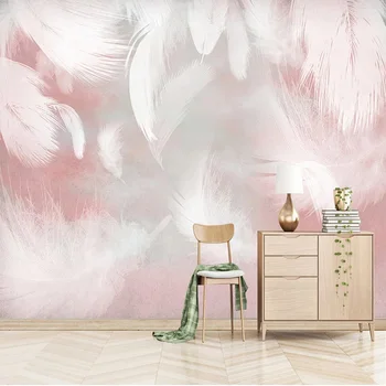 Foto Tapetai Šiuolaikinės Mados Rožinių Plunksnų Freskomis Kambarį Miegamojo Romantiškas Namų Dekoro Lipni Vandeniui 3D Lipdukai