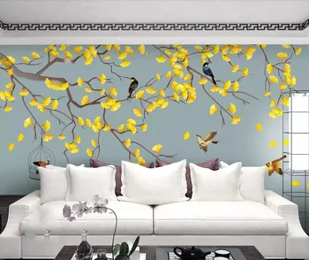 Ginkgo rankomis dažyti naujas Kinų stiliaus gėlių ir paukščių fone, sienų apdaila dažymas