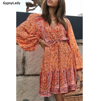 GypsyLady Apelsinų Gėlių Derliaus Mini Suknelės Moterims Boho Hipių Šventė Suknelės V-kaklo, Mygtuką Priekyje ilgomis Rankovėmis Raukiniai Suknelė