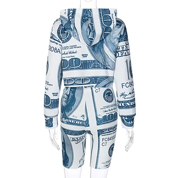 Hirigin 2020 Pinigų Spausdinimo Gobtuvu Pasėlių Palaidinės Dviratininkas Šortai 2 dalių Komplektas Rudens Žiemos Moterys Streetwear Puloveriai Tracksuit